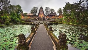 Lotus pond and Pura Saraswati temple in Ubud, Bali, Indonesia.